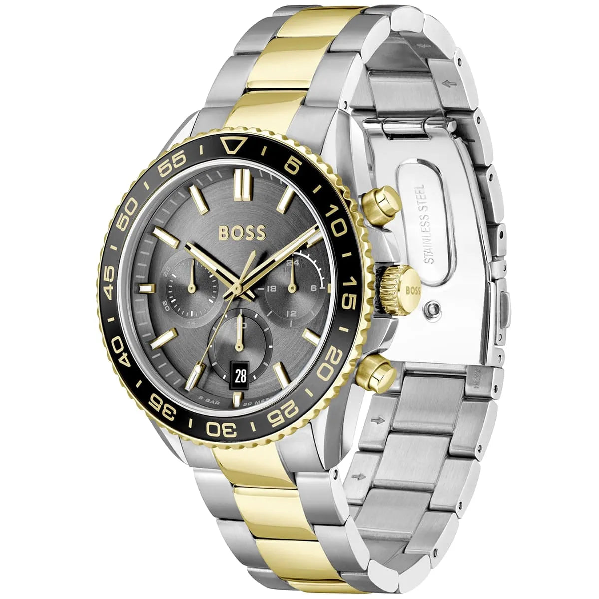 Angled real-life photo of Boss Runner 1514144 showing the polished gold-tone crown, pushers, and side profile