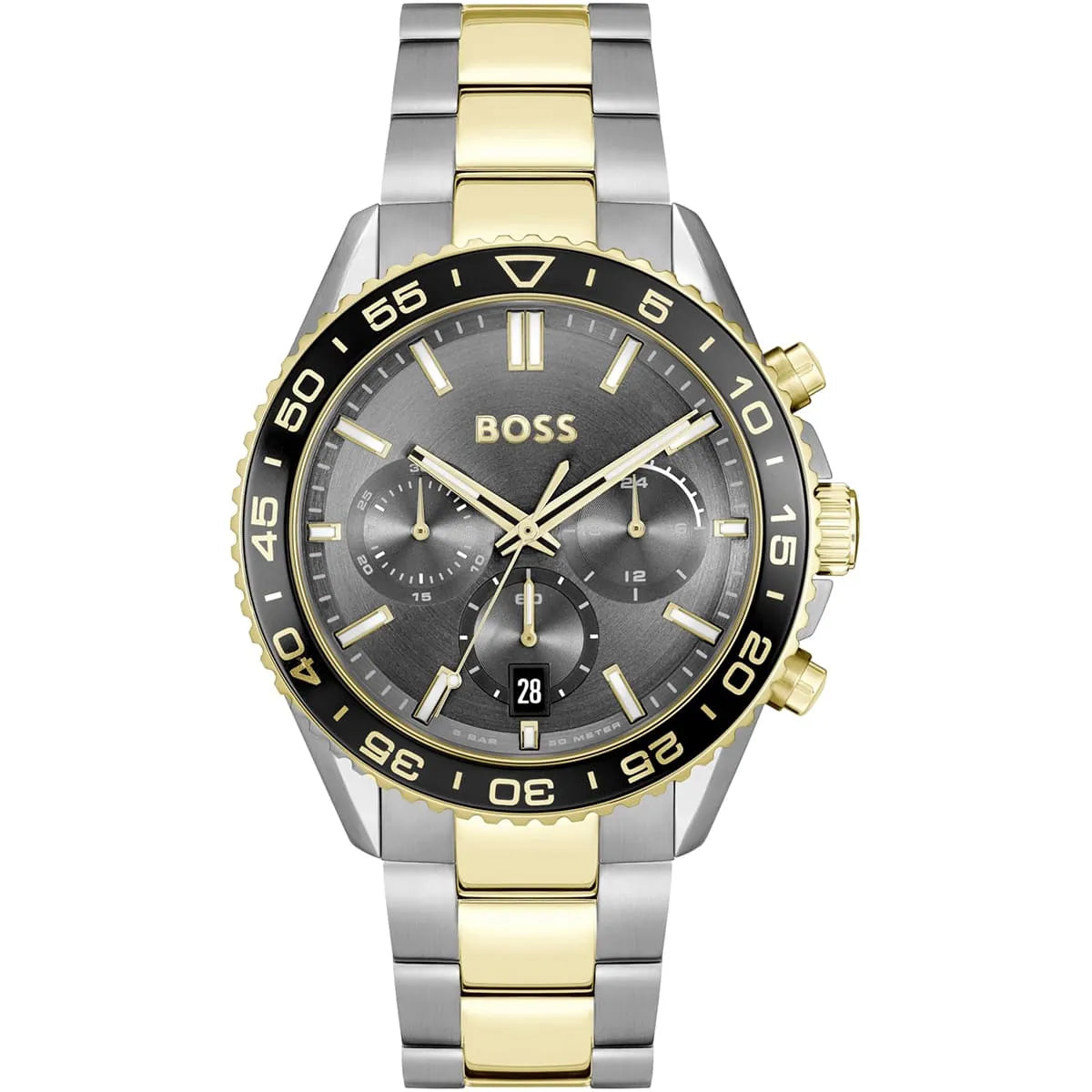 Authentic real-life photo of Boss Runner 1514144 showing two-tone bracelet and dark gray chronograph dial
