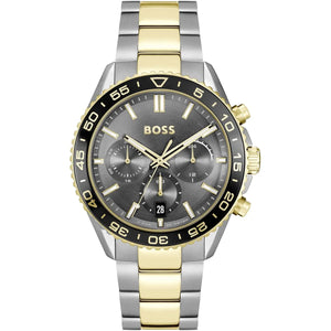 Authentic real-life photo of Boss Runner 1514144 showing two-tone bracelet and dark gray chronograph dial