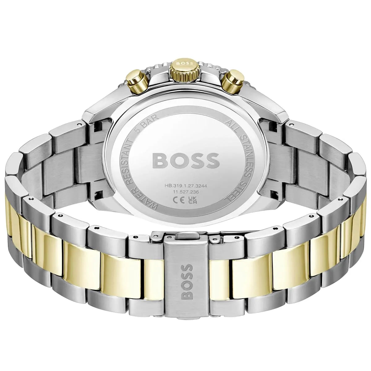 Back view photo of Boss Runner 1514144 showing the stainless steel caseback and engraved markings