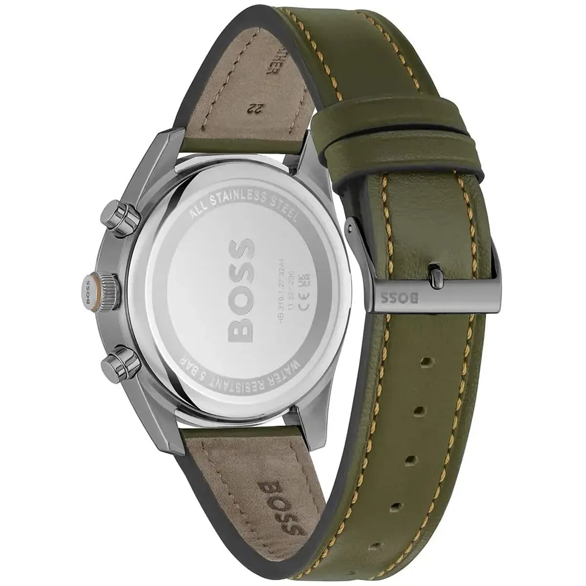 Caseback of Hugo Boss Sky Traveller 1514148 showing technical specs black dial and green leather strap 50m water resistant