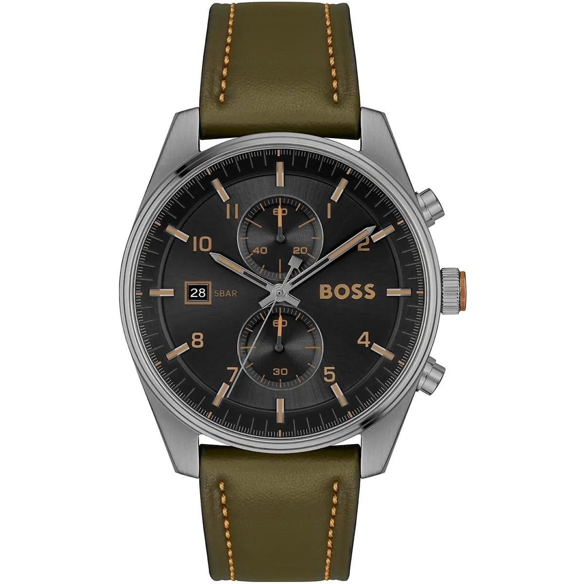 Hugo Boss Sky Traveller 1514148 men's watch with black dial, green leather strap, and 50m water resistance main view