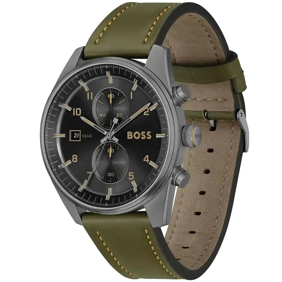 Side profile of Hugo Boss Sky Traveller 1514148 showing 11mm thickness and silver finish with 50m water resistance