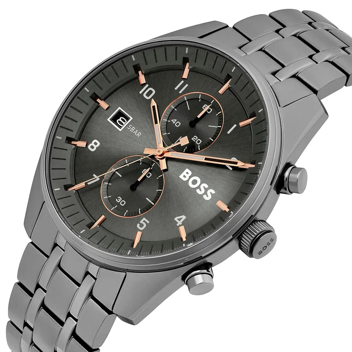 Right angled view of Hugo Boss Sky Traveller 1514153 highlighting gray dial and gray ion-plated case 50m water resistance