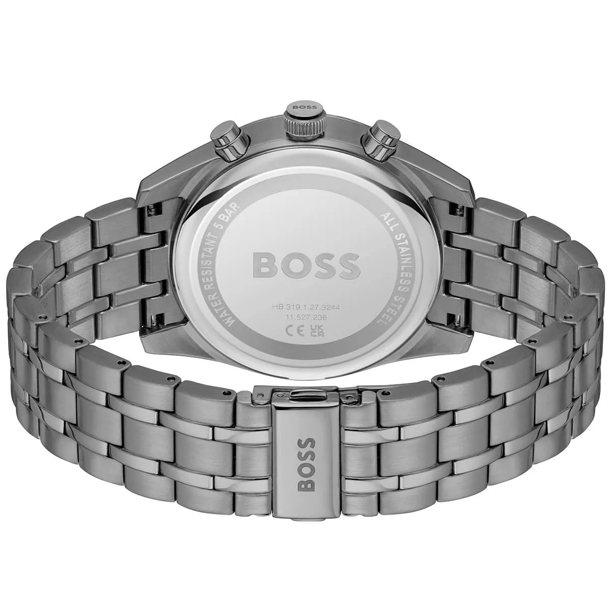 Caseback of Hugo Boss Sky Traveller 1514153 showing technical specs gray dial and gray metal strap 50m water resistant