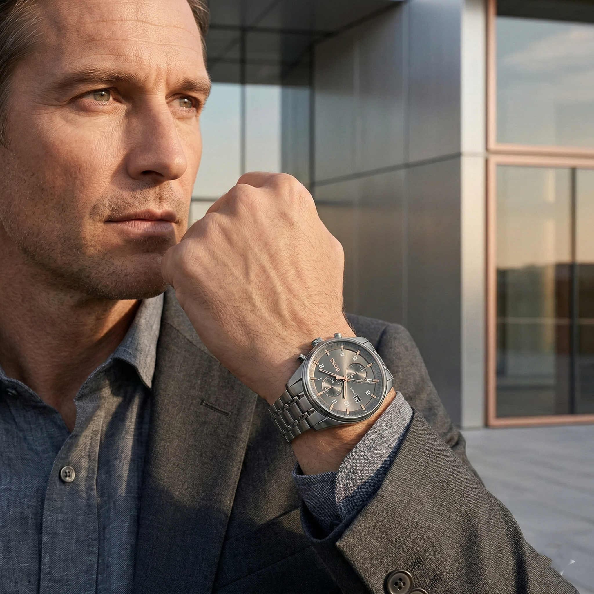 Professional man wearing Hugo Boss Sky Traveller 1514153 with all-gray metal strap watch water resistant 50m