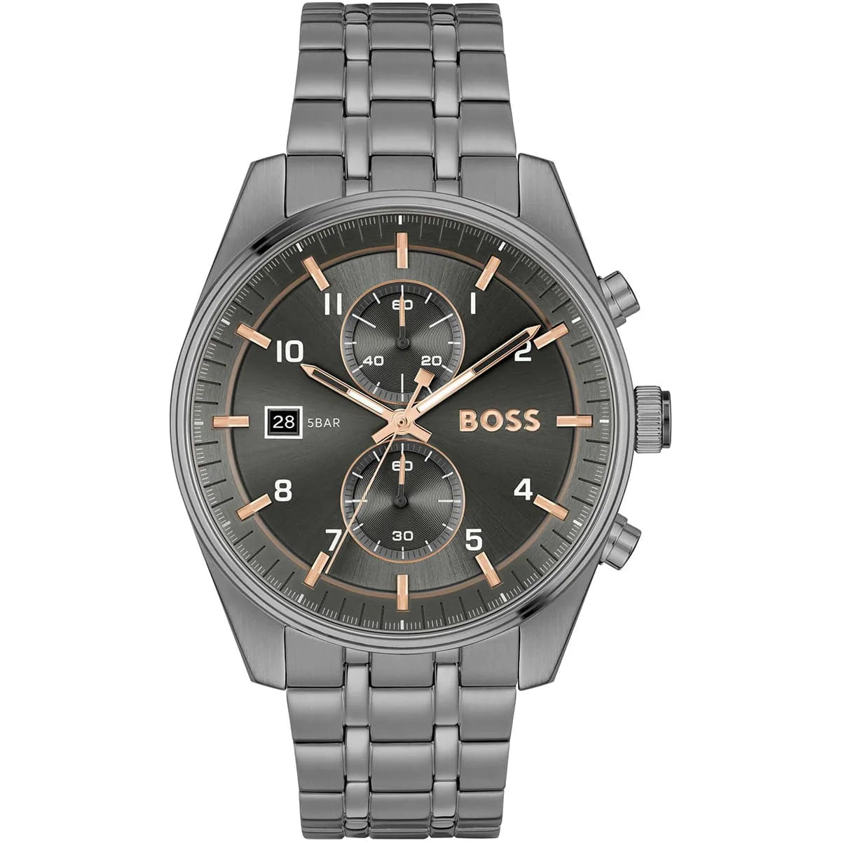 Hugo Boss Sky Traveller 1514153 men's watch with gray dial, gray metal strap, and 50m water resistance main view