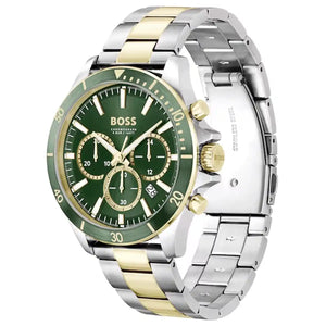Right angled view of Hugo Boss Runner 1514154 highlighting green dial and green tachymeter bezel 50m water resistance