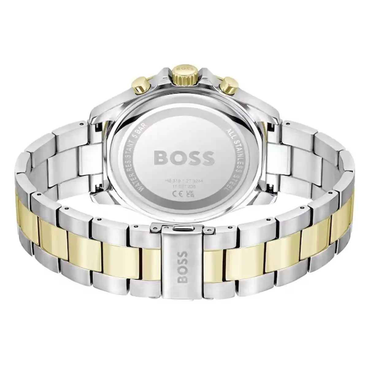 Caseback of Hugo Boss Runner 1514154 showing technical specs green dial and two-tone metal strap 50m water resistant