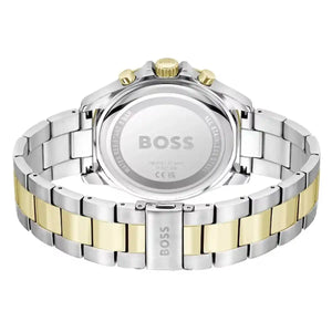 Caseback of Hugo Boss Runner 1514154 showing technical specs green dial and two-tone metal strap 50m water resistant
