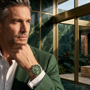 Professional man wearing Hugo Boss Runner 1514154 with green dial and silver gold metal strap water resistant 50m