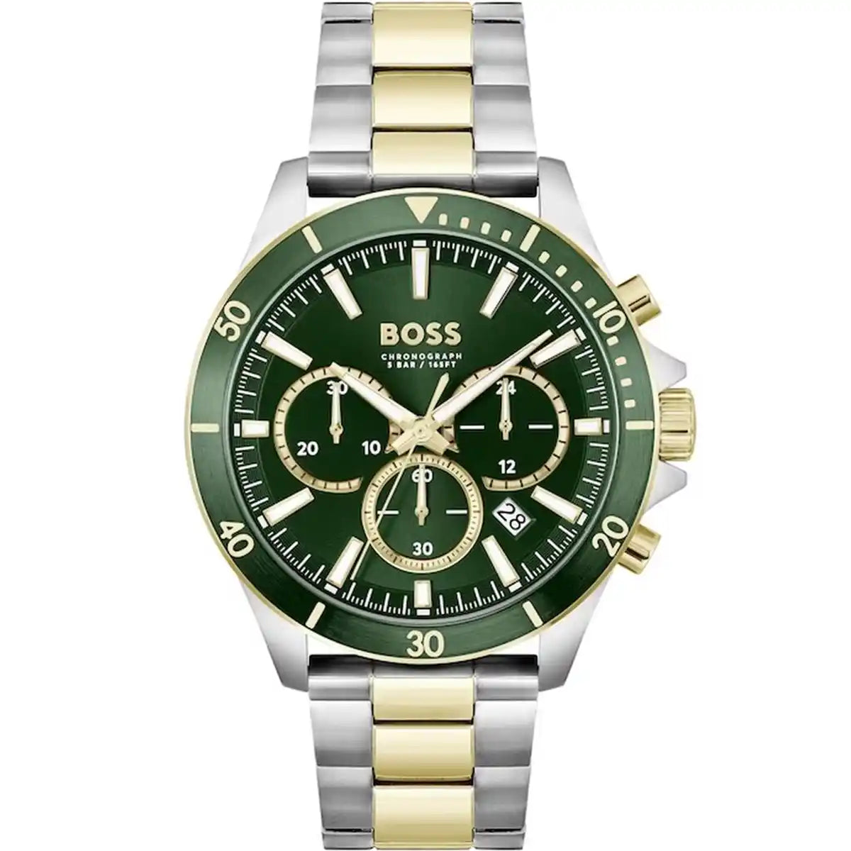 Hugo Boss Runner 1514154 men's watch with green dial, two-tone metal strap, and 50m water resistance main view