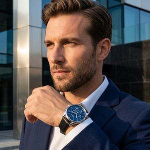Professional man wearing Hugo Boss Avery Runner 1514156 with blue dial and black leather strap water resistant 50m