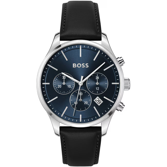 Hugo Boss Avery Runner 1514156 men's watch with blue dial, black leather strap, and 50m water resistance main view