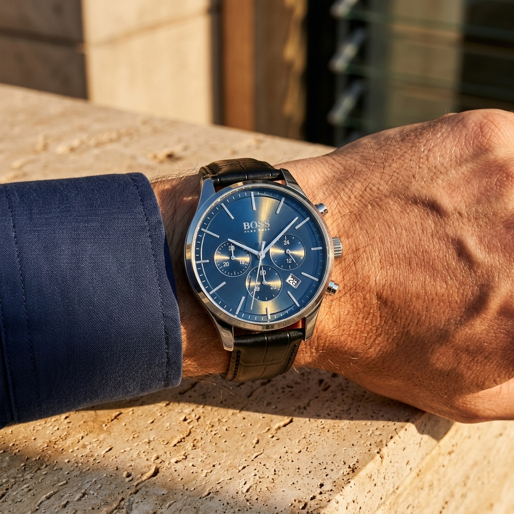 Close up of Hugo Boss Avery Runner 1514156 on wrist showing blue dial and black leather strap with 50m water resistance