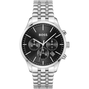 Hugo Boss Avery 1514157 men's minimalist chronograph watch with silver case and black sunray dial