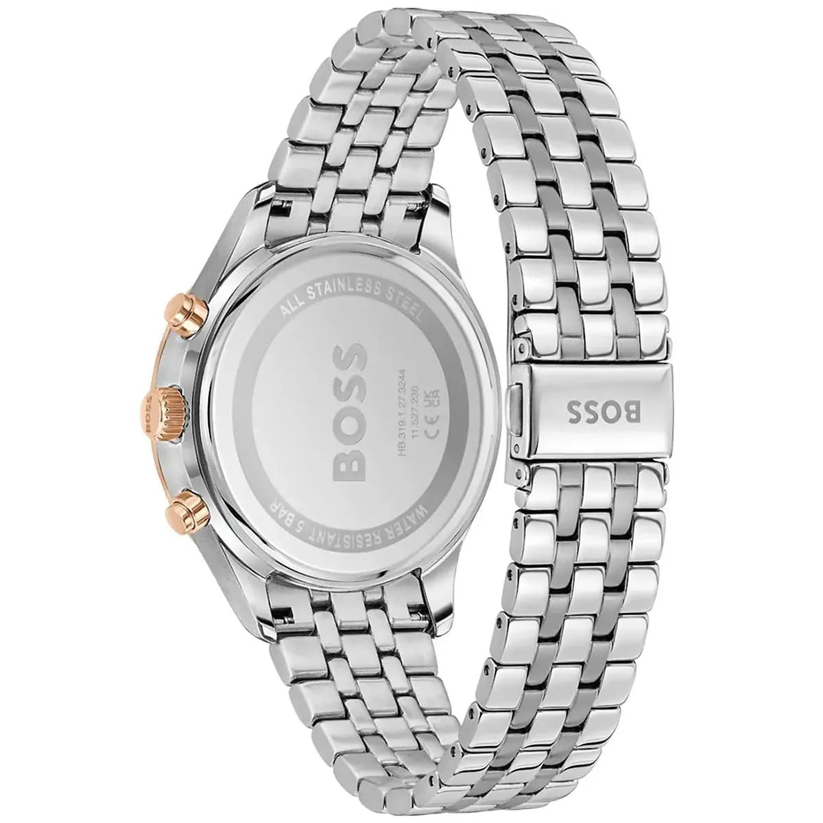 Back view photo of Boss Avery 1514158 showing the stainless steel caseback and engraved markings from Luxury Hub Store