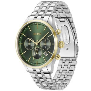 Right angled view of Hugo Boss Avery 1514159 highlighting green dial and silver gold bezel 50m water resistance