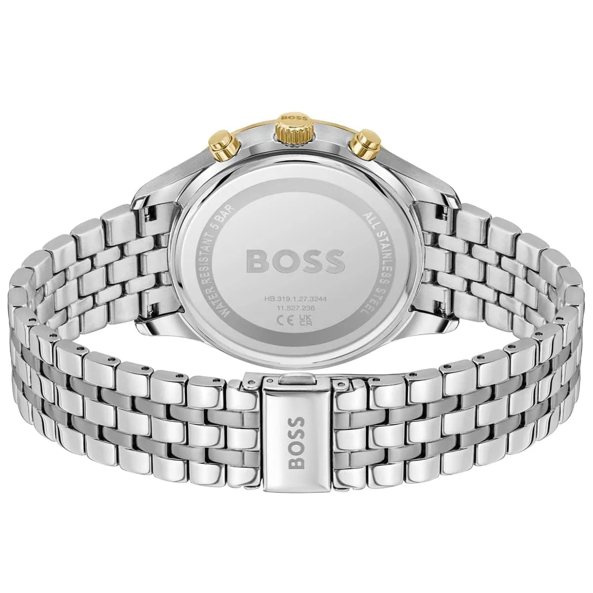 Caseback of Hugo Boss Avery 1514159 showing technical specs green dial and silver metal strap 50m water resistant