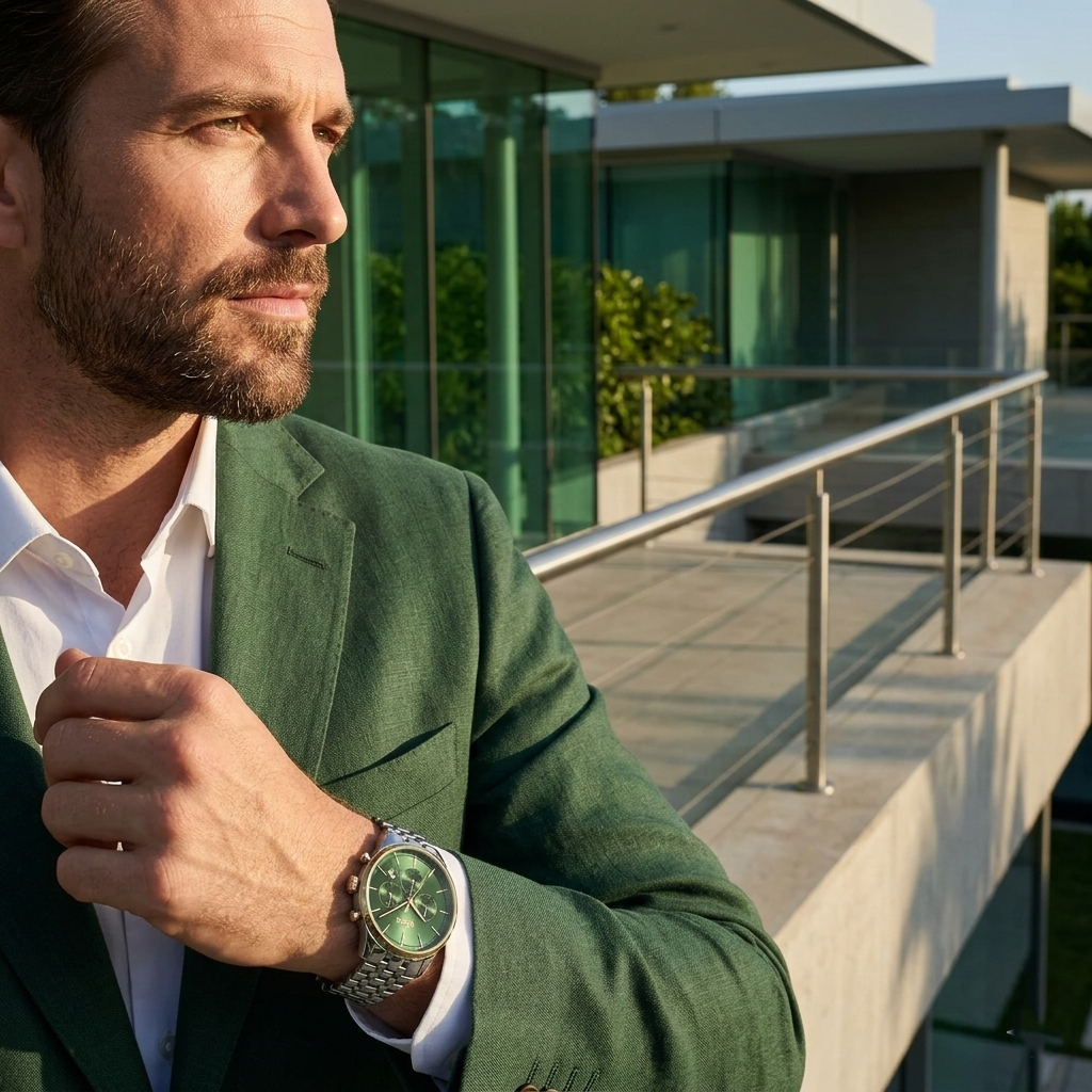 Professional man wearing Hugo Boss Avery 1514159 with green dial and silver metal strap water resistant 50m