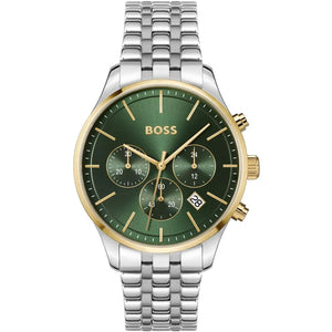 Authentic real-life photo of Boss Avery 1514159 showing silver bracelet and deep green chronograph dial from Luxury Hub Store
