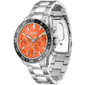Angled real-life photo of Boss Runner 1514162 showing the texture of the black tachymeter bezel, crown, and pushers from Luxury Hub Store