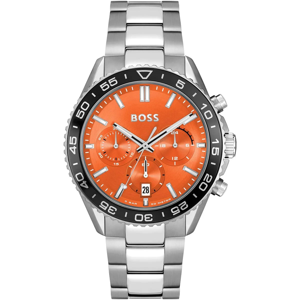 Authentic real-life photo of Boss Runner 1514162 showing the silver bracelet and vibrant orange chronograph dial from Luxury Hub Store