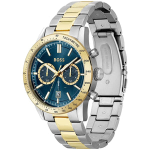 Right angled view of Hugo Boss Runner 1514163 highlighting blue dial and gold tachymeter bezel 50m water resistance