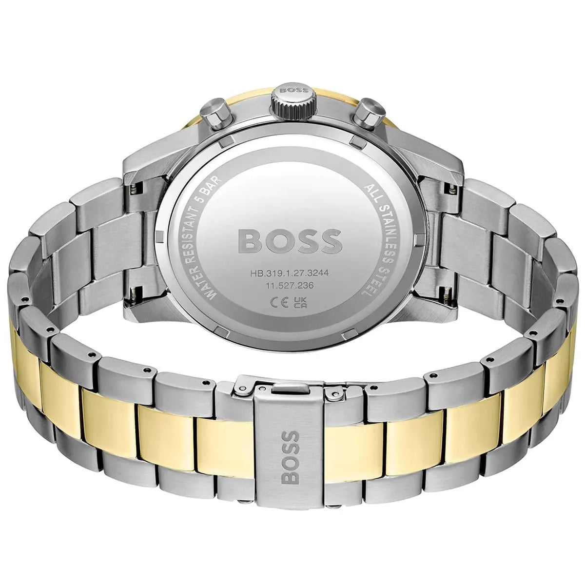 Caseback of Hugo Boss Runner 1514163 showing technical specs blue dial and two-tone metal strap 50m water resistant