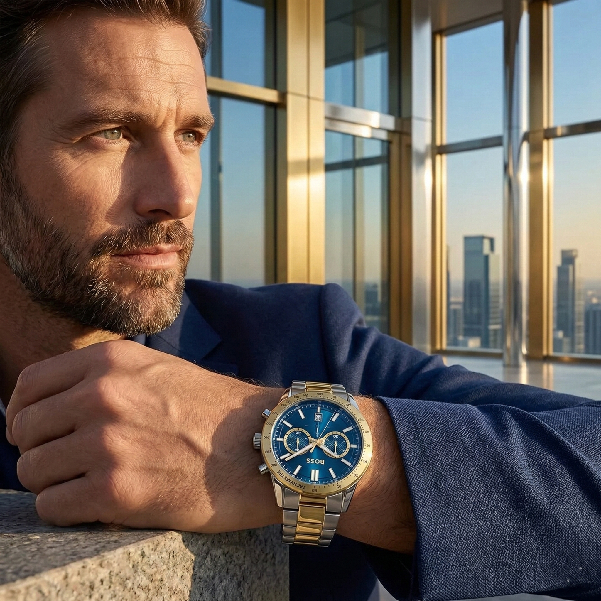 Professional man wearing Hugo Boss Runner 1514163 with blue dial and silver gold metal strap water resistant 50m