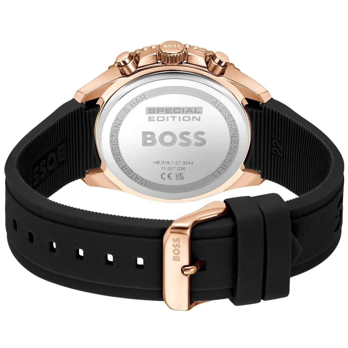 Boss watch with black strap and rose gold casing on a white background
