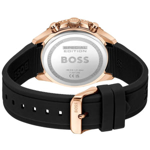 Boss watch with black strap and rose gold casing on a white background