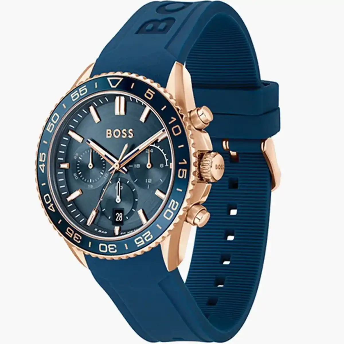 Angled real-life photo of Hugo Boss 1514169 showing the rose gold-tone case and blue strap