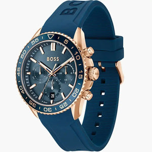 Angled real-life photo of Hugo Boss 1514169 showing the rose gold-tone case and blue strap