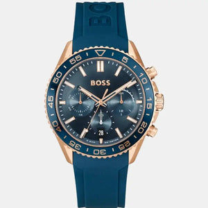Authentic real-life photo of Hugo Boss 1514169 showing actual blue rubber strap and blue dial