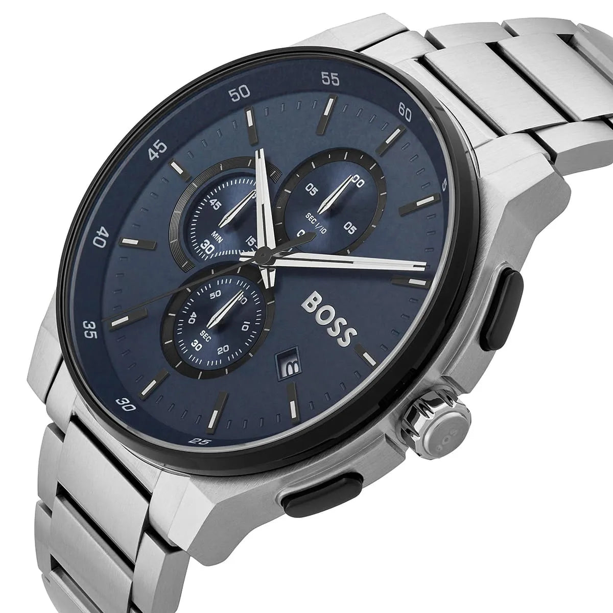 Right angle view showing the crown and pushers of the Hugo Boss Peak 1514189 watch.