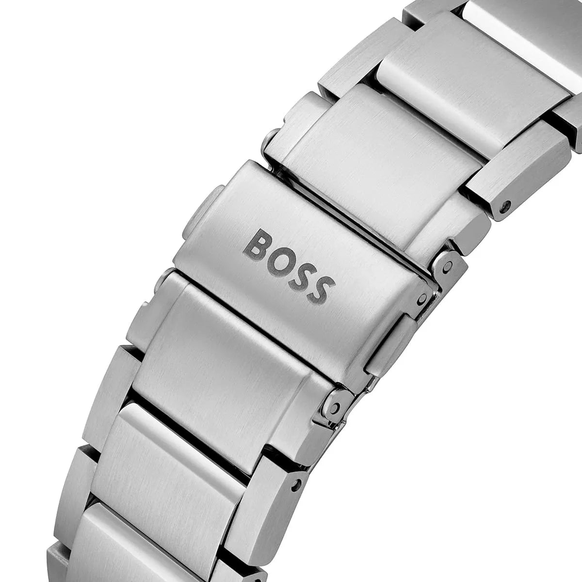 Detailed view of the silver stainless steel bracelet of the Hugo Boss Peak 1514189 watch.