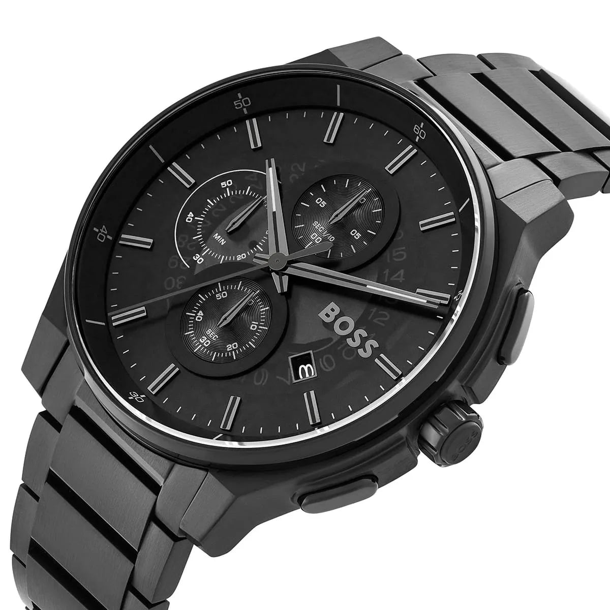 Right angle view showing the crown and pushers of the Hugo Boss Peak 1514192 watch.