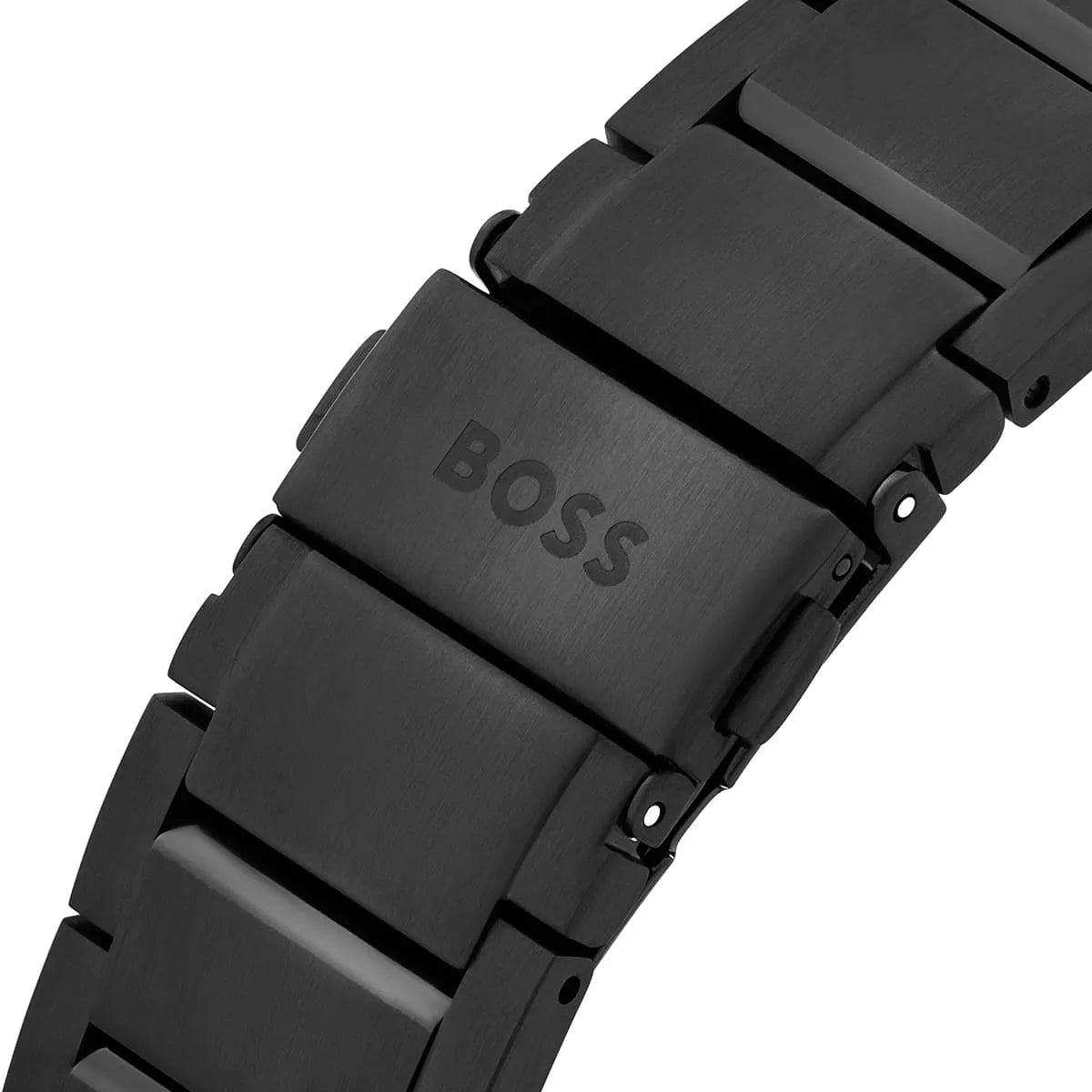 Detailed view of the black stainless steel bracelet of the Hugo Boss Peak 1514192 watch.