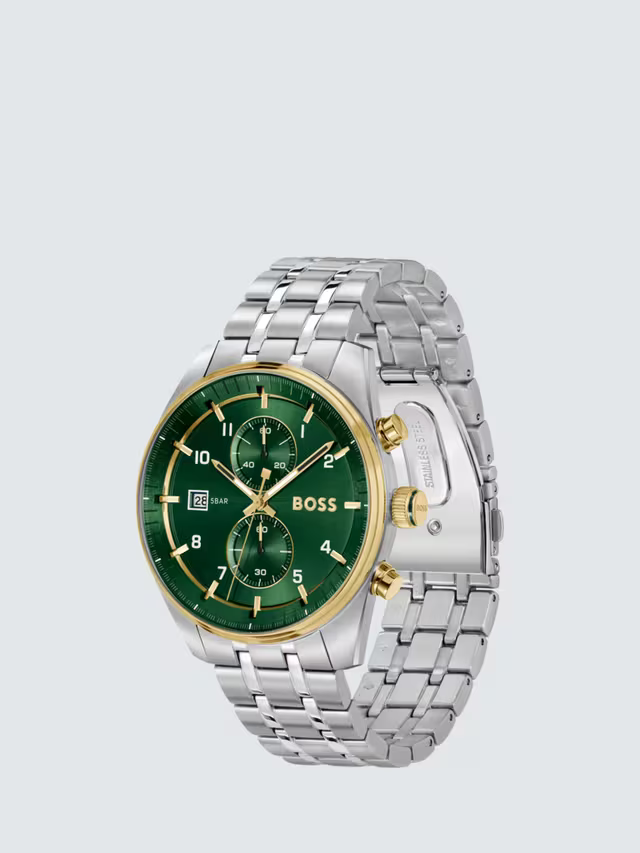 Right angled view of Hugo Boss Sky Traveller 1514195 highlighting green dial and silver gold bezel 50m water resistance