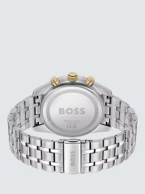 Caseback of Hugo Boss Sky Traveller 1514195 showing technical specs green dial and silver metal strap 50m water resistant