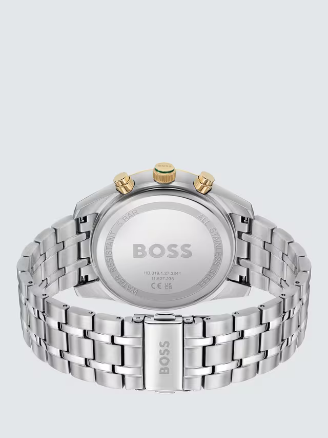 Caseback of Hugo Boss Sky Traveller 1514195 showing technical specs green dial and silver metal strap 50m water resistant