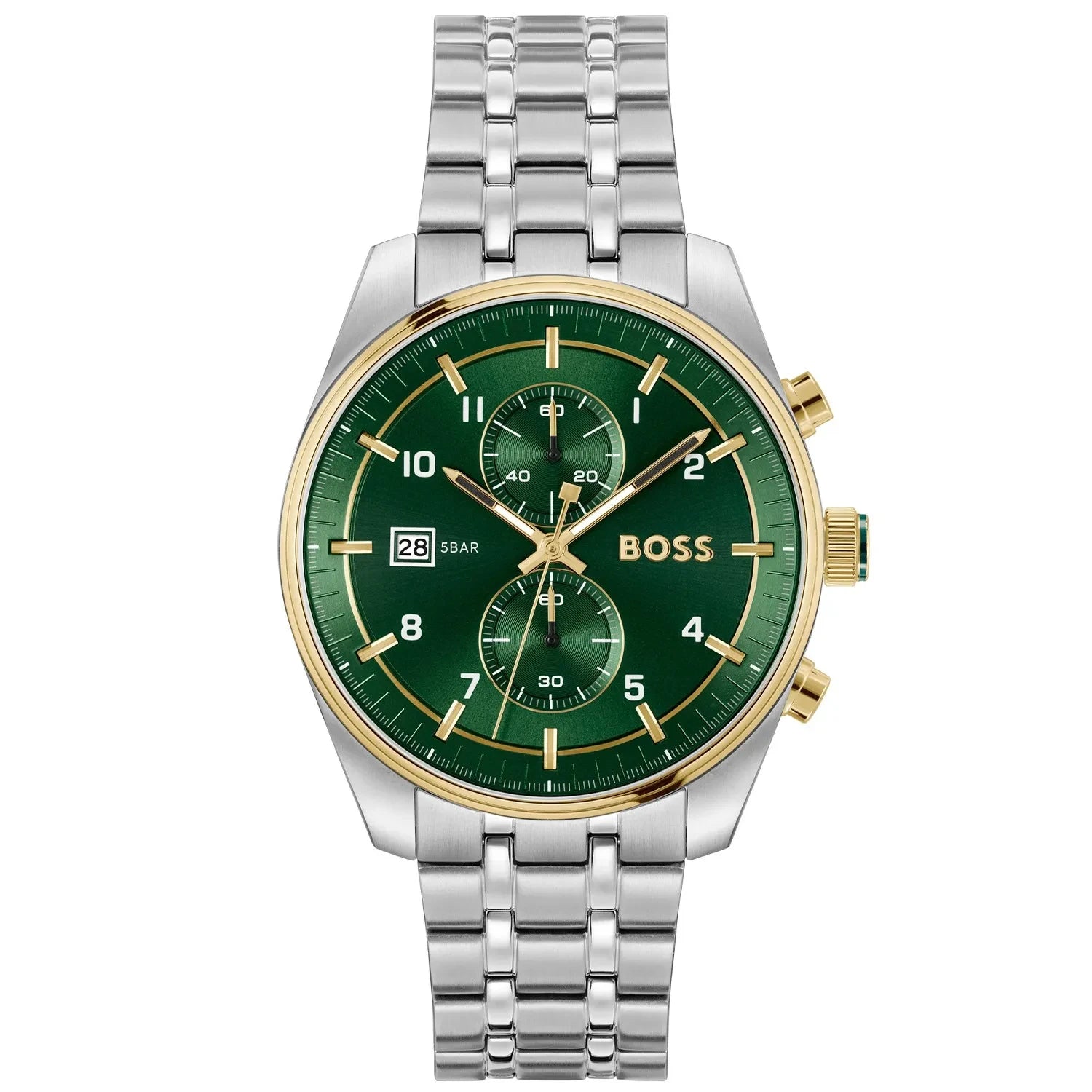 Hugo Boss Sky Traveller 1514195 men's watch with green dial, silver metal strap, and 50m water resistance main view