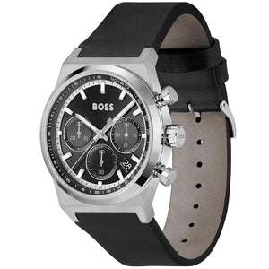 Angled real-life photo of Hugo Boss 1514218 showing the silver case and black leather strap