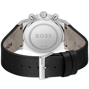 Photo of the silver-tone stainless steel buckle on the black leather strap of Boss 1514218