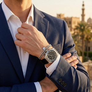 Lifestyle photo of Hugo Boss 1514218 showing the elegant black leather watch on a man's wrist