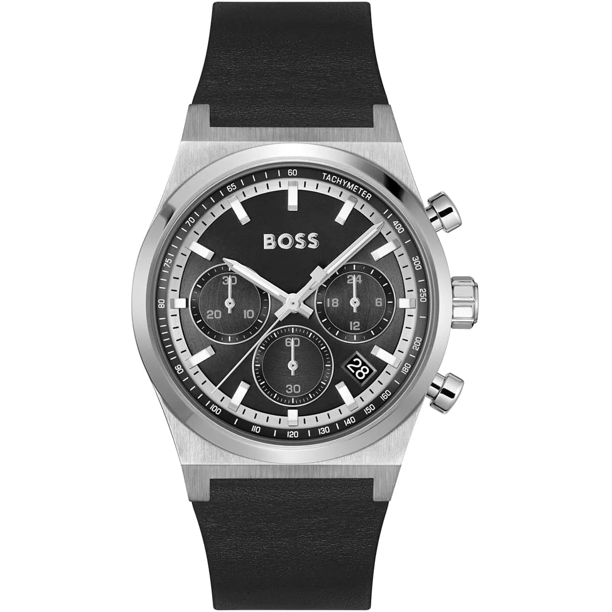 Authentic real-life photo of Hugo Boss 1514218 showing actual black leather strap and black dial