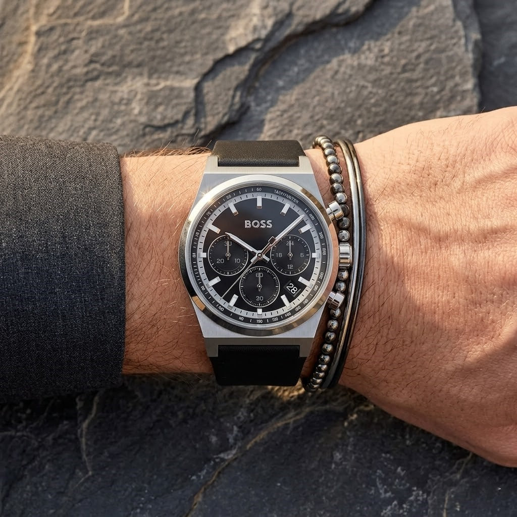 Close up shot of Hugo Boss 1514218 on wrist showing chronograph sub-dials and luminous hands