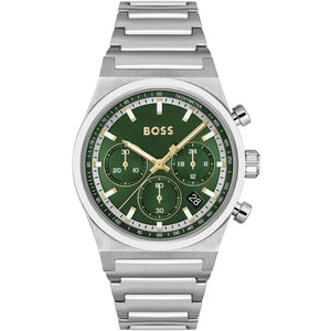 Hugo Boss Candor 1514220 men's chronograph watch with silver case and green sunray dial