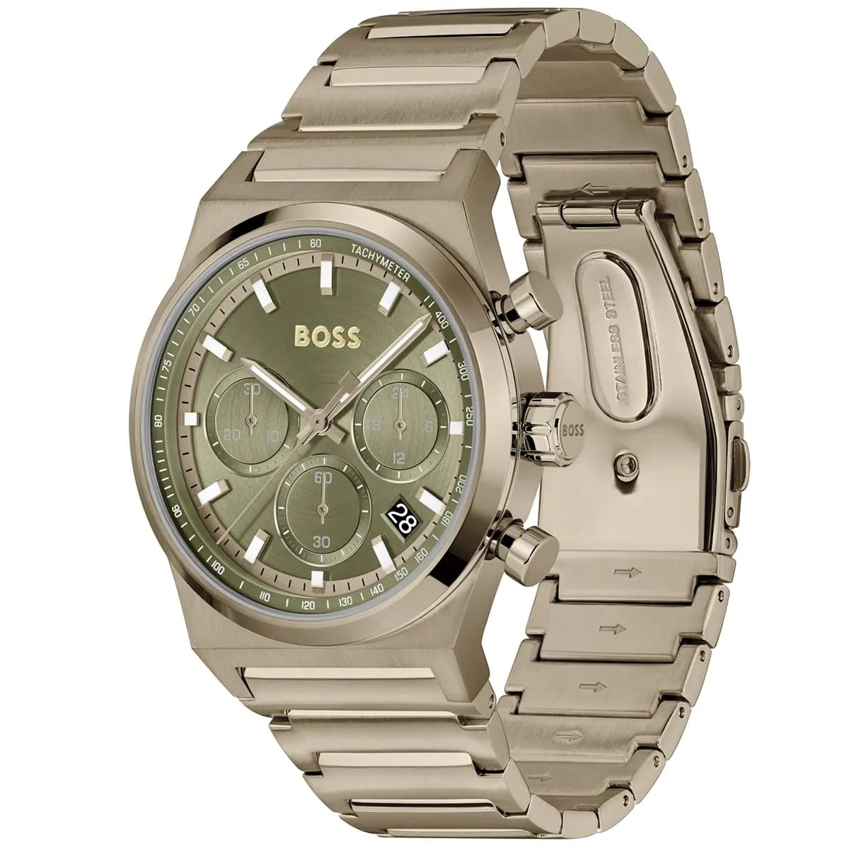 Gold watch with a detailed face on a white background